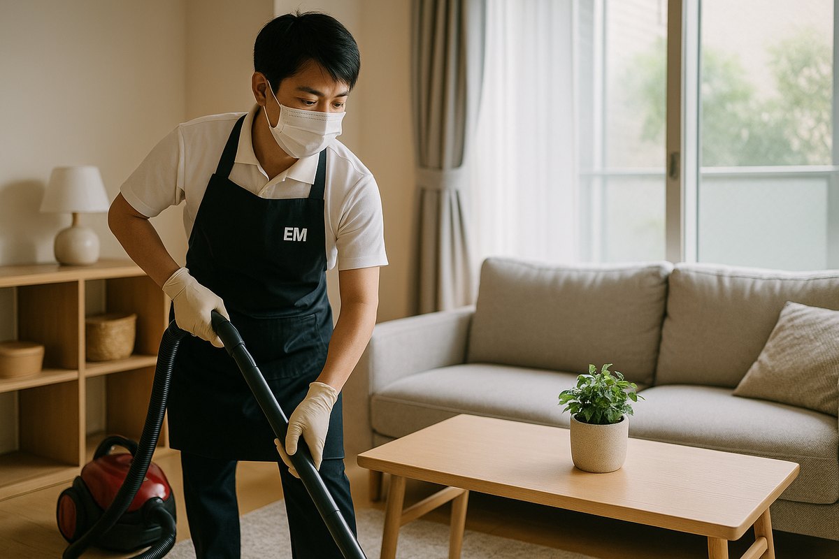 民泊清掃サービスの清掃スタッフが客室を清掃している様子